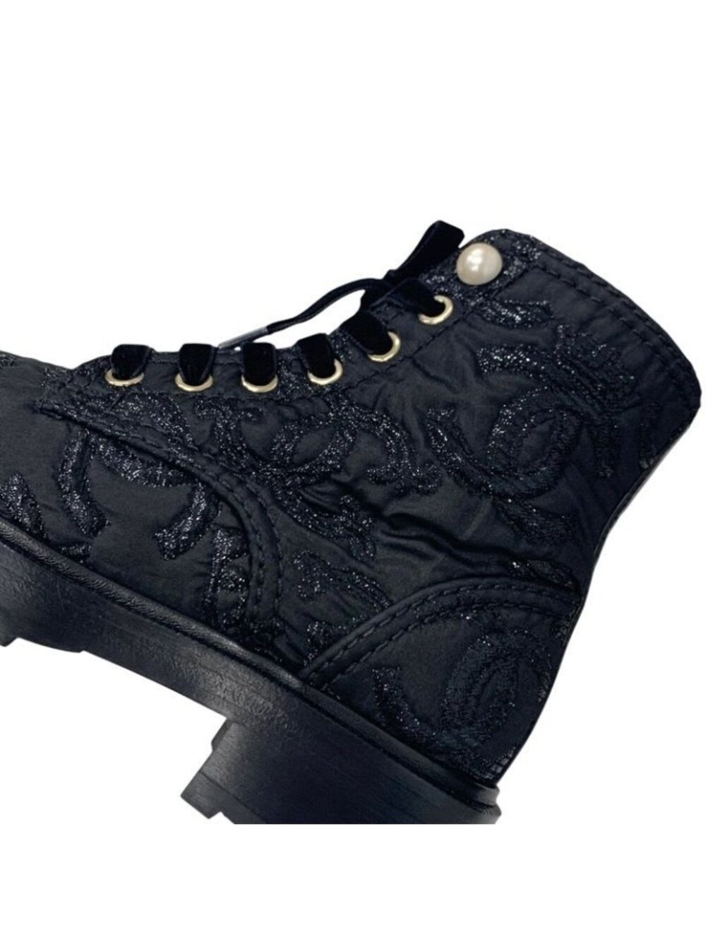 Chanel Boots Short Shoes Fabric Black Coco Mark Lace Up Pearl - Picture 9 of 10
